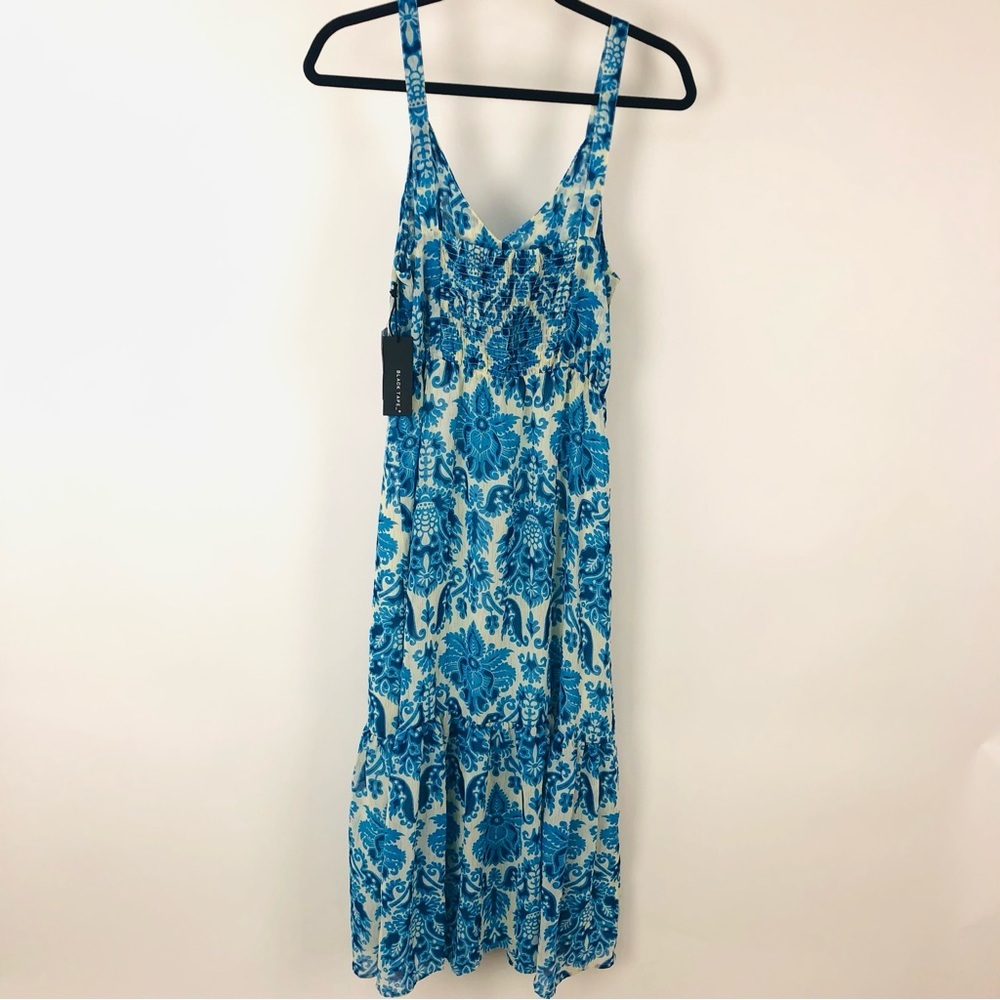 NWT Black Tape‎ Blue Damask Printed Leg Slit V-Neck Sundress Maxi Midi Dress - Picture 6 of 8